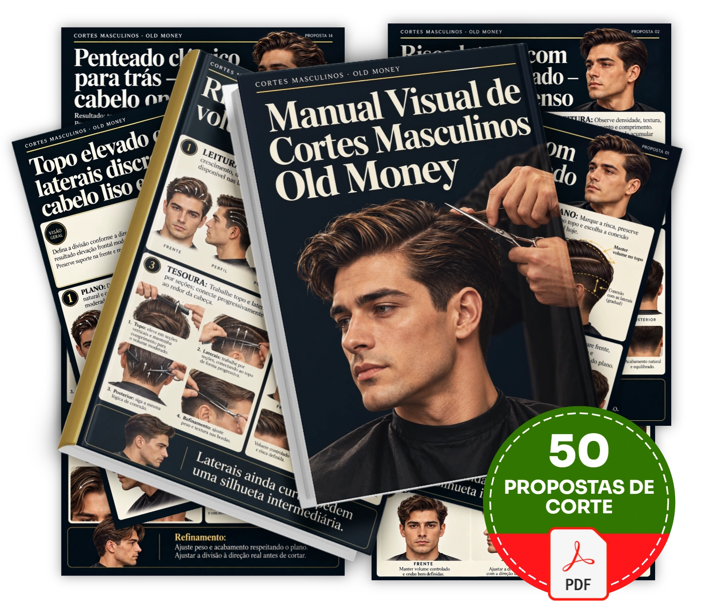 Aprenda a construir cortes masculinos de estética Old Money com 50 propostas de corte que relacionam referência, execução e acabamento.